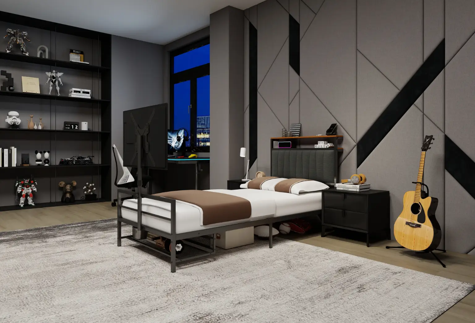 Twin Size Gaming Bed with Rotating TV Mount and LED Lighting by HouseOfZazla