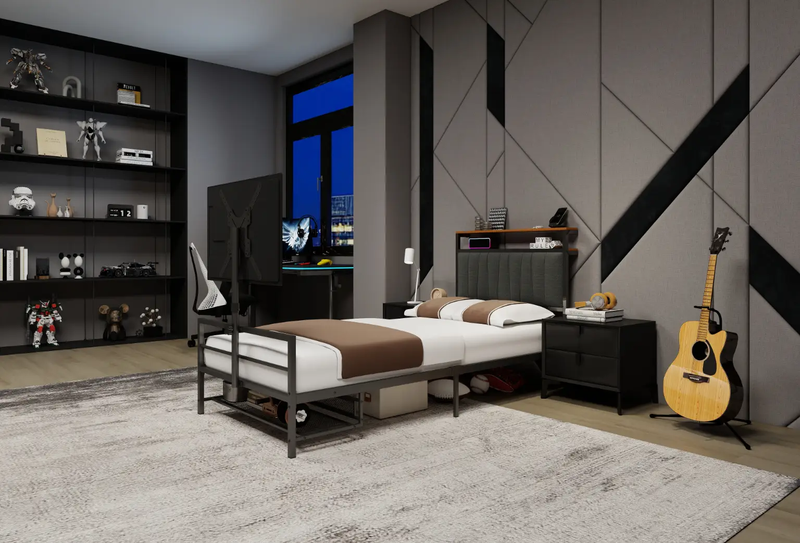Twin Size Gaming Bed with Rotating TV Mount and LED Lighting by HouseOfZazla