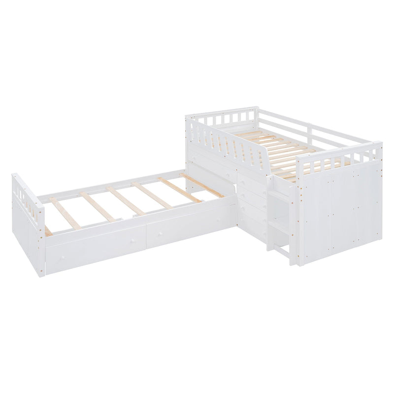 Loft Platform Bed With 7 Drawers And Full Guardrails, Modern L Shaped Space Savin