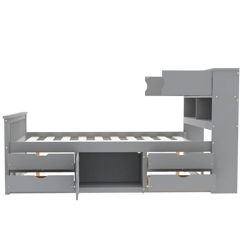 Captain Platform Bed Frame With Bookcase Headboard, 4 Drawers, Storage Shelves by Unique Piece Furniture