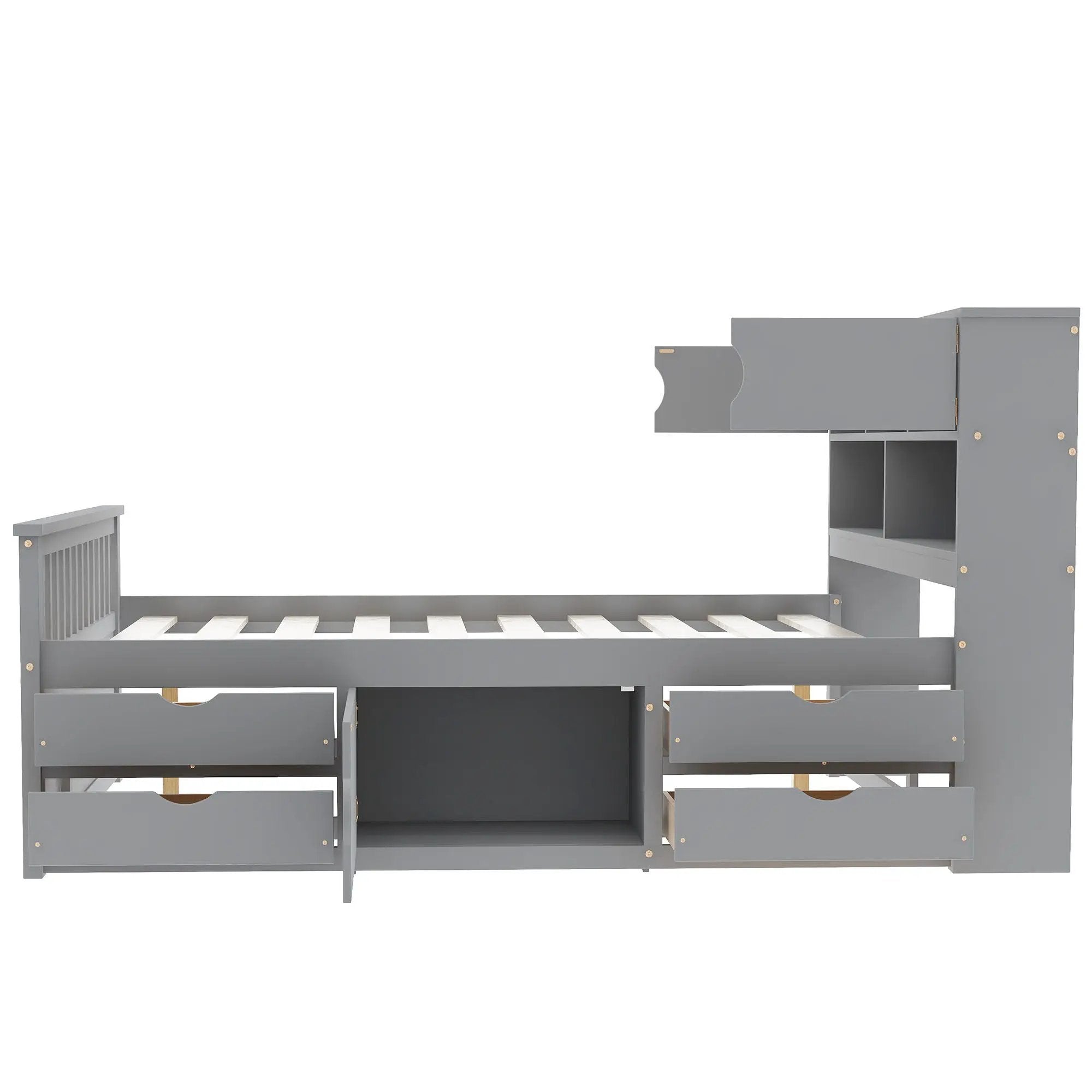 Captain Platform Bed Frame With Bookcase Headboard, 4 Drawers, Storage Shelves by HouseOfZazla