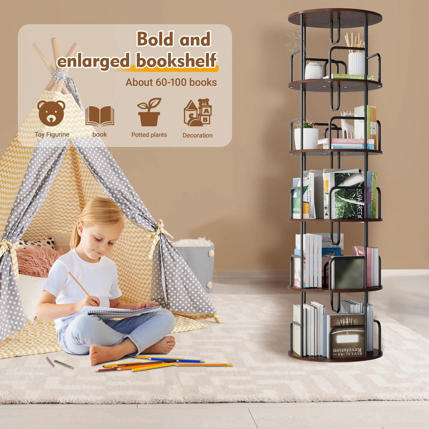 Rotating Bookshelf Tower 5 Tier Spinning 360 Degree Revolving Storage Shelf by Unique Piece Furniture