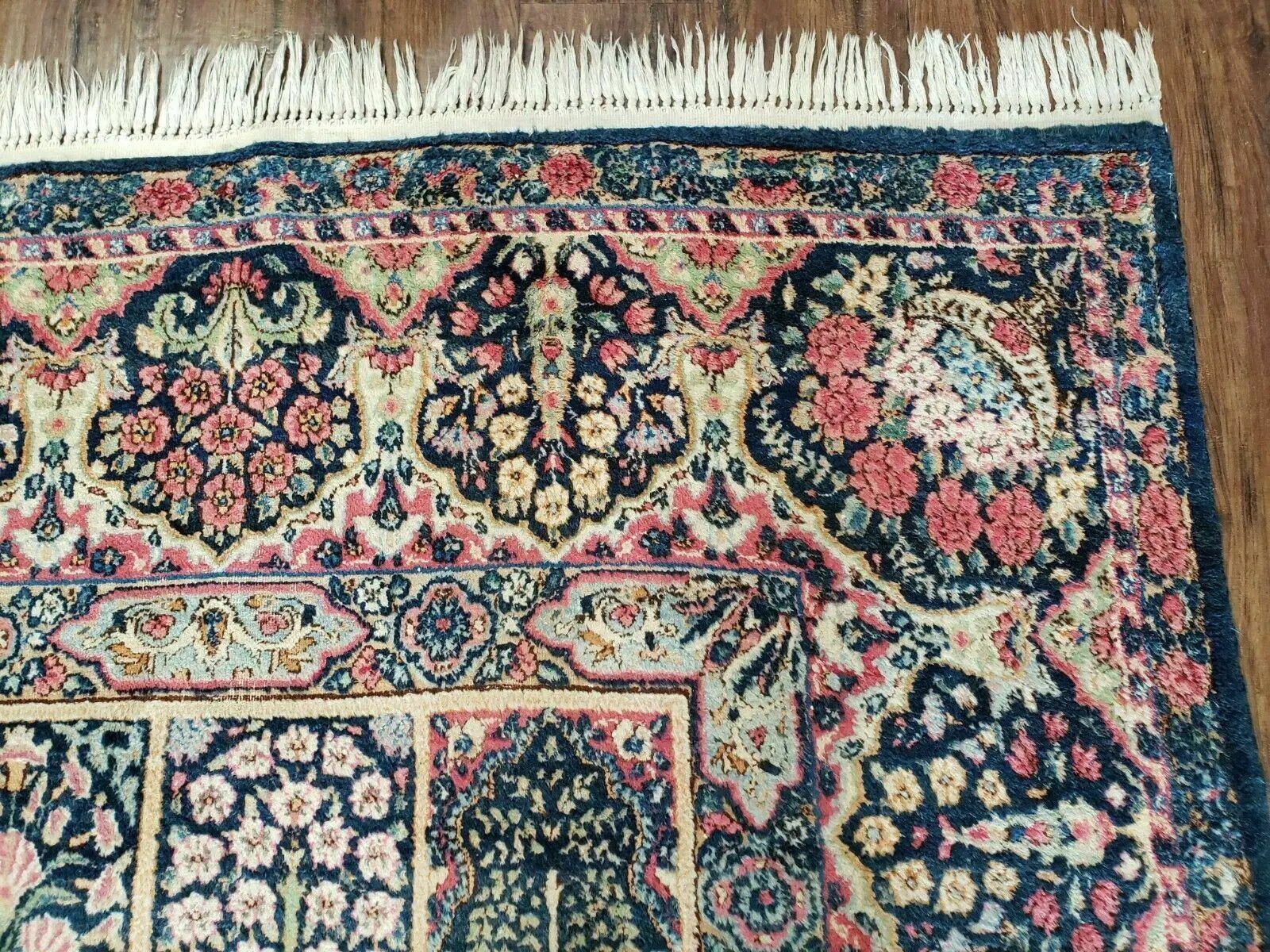 Persian Rug 10x15, Authentic Oriental Carpet 10 x 15, Wool Area Rug Panel Design Hand-Knotted Vintage Kirman Yazd Rug, Dark Blue and Beige, Floral by Jewel Rugs