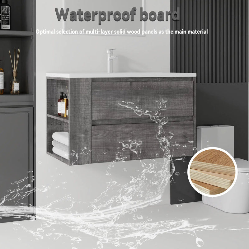 36 Inch Floating Bathroom Vanity with Sink, Soft-Close Door, Ceramic Sink, Plywood by HouseOfZazla