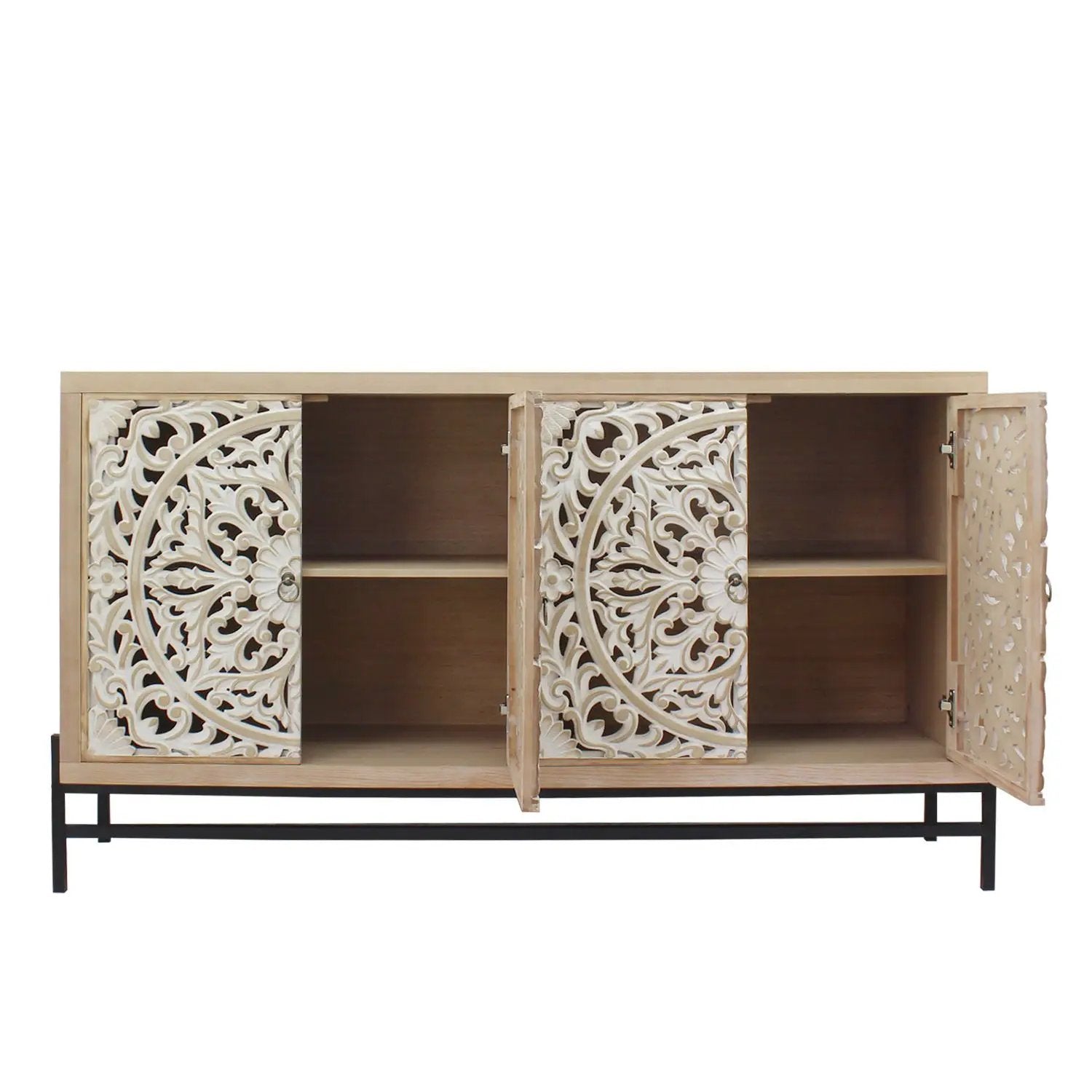 4 Door Wood Cabinet, Vintage Carved Wood with Metal Base by HouseOfZazla