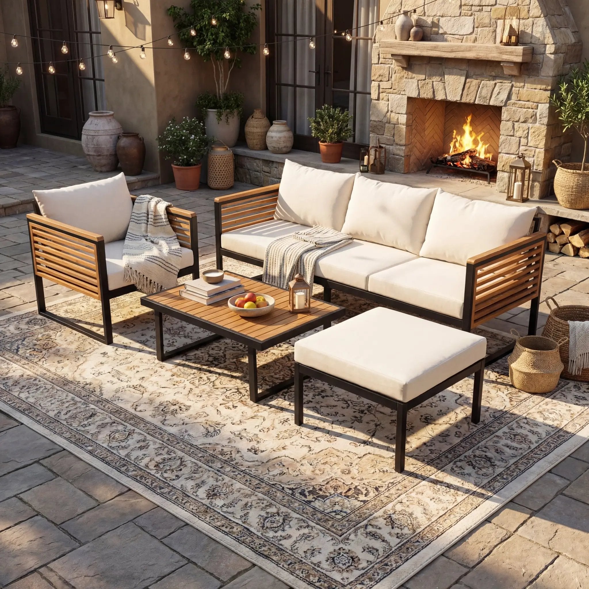 Outdoor 4-Piece Acacia Wood and Metal Patio Sofa Set by HouseOfZazla