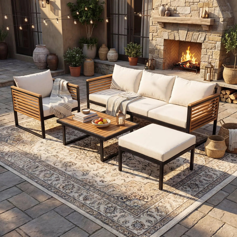 Outdoor 4-Piece Acacia Wood and Metal Patio Sofa Set by HouseOfZazla