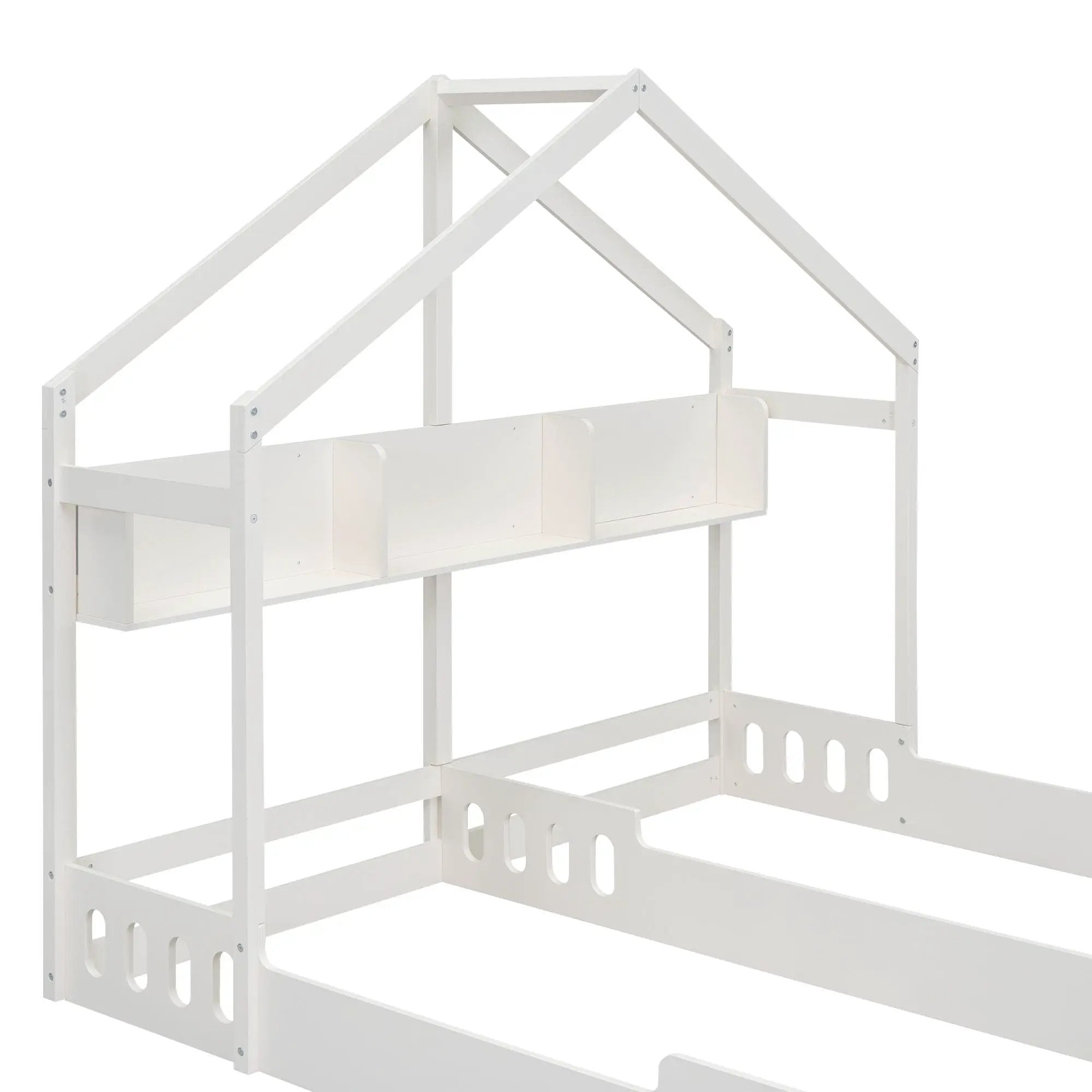 Twin Size Platform Bed With Shared Design, Guardrails, And Built In Shelves - Creamy White by Unique Piece Furniture