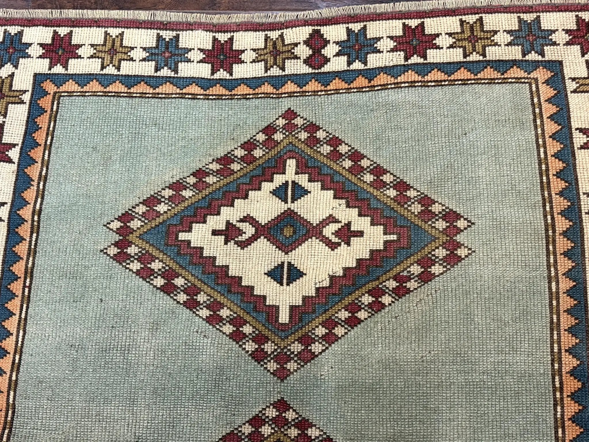 Turkish Kazak Rug 4x6, Geometric Medallion, Caucasian Design Rug, Semi Antique Vintage, Mint Green Maroon Ivory by Jewel Rugs