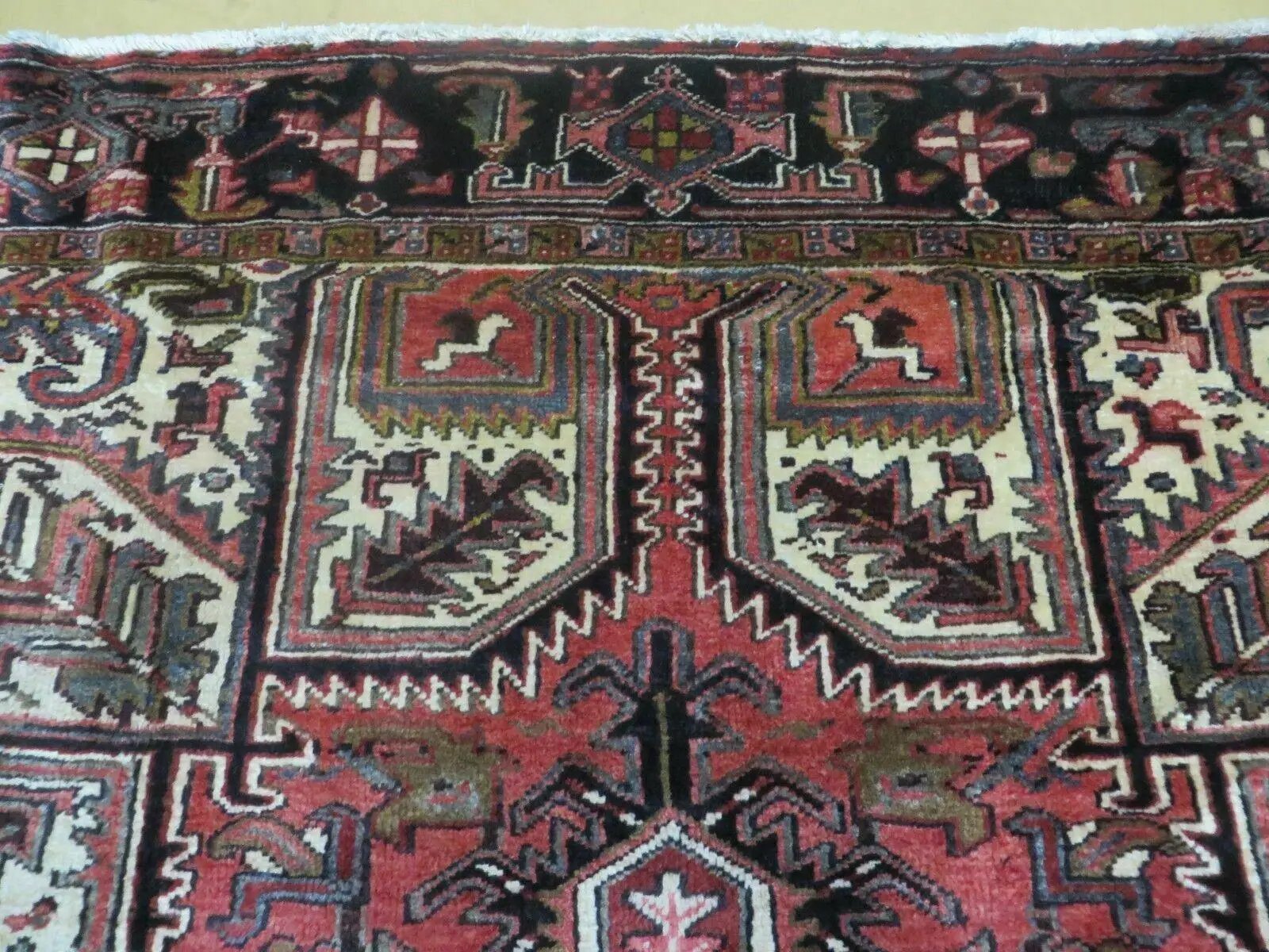 Persian Heriz Rug 8x12 Semi Antique Heriz Carpet, Room Sized Persian Carpet, Geometric Medallion, Wool, Hand Knotted, Red Ivory Dark Blue by Jewel Rugs