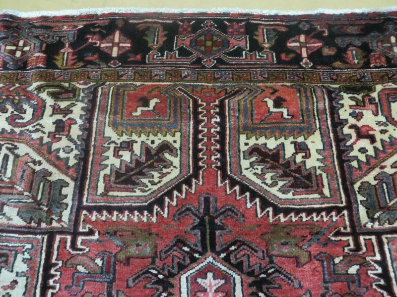 Persian Heriz Rug 8x12 Semi Antique Heriz Carpet, Room Sized Persian Carpet, Geometric Medallion, Wool, Hand Knotted, Red Ivory Dark Blue by Jewel Rugs