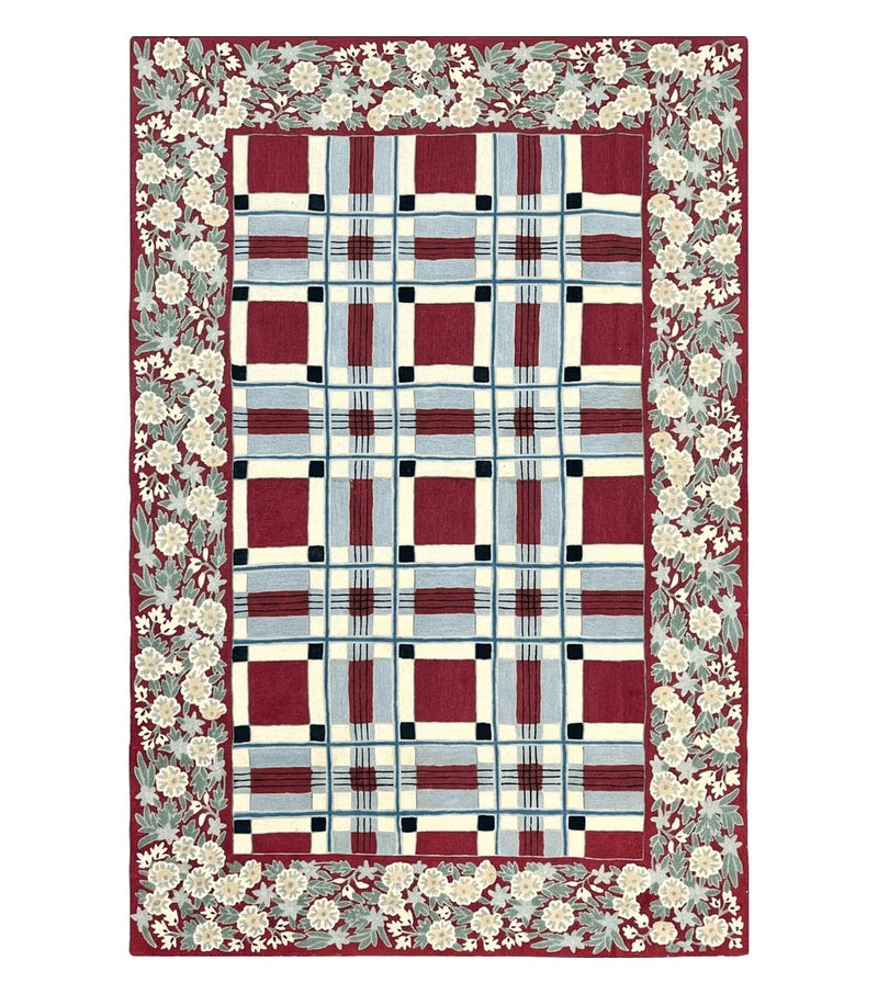 Indian Hand Stitched Rug 4x6, Vintage Carpet, Checkerboard Floral Pattern, Maroon Ivory, Flatweave, Wool by Jewel Rugs