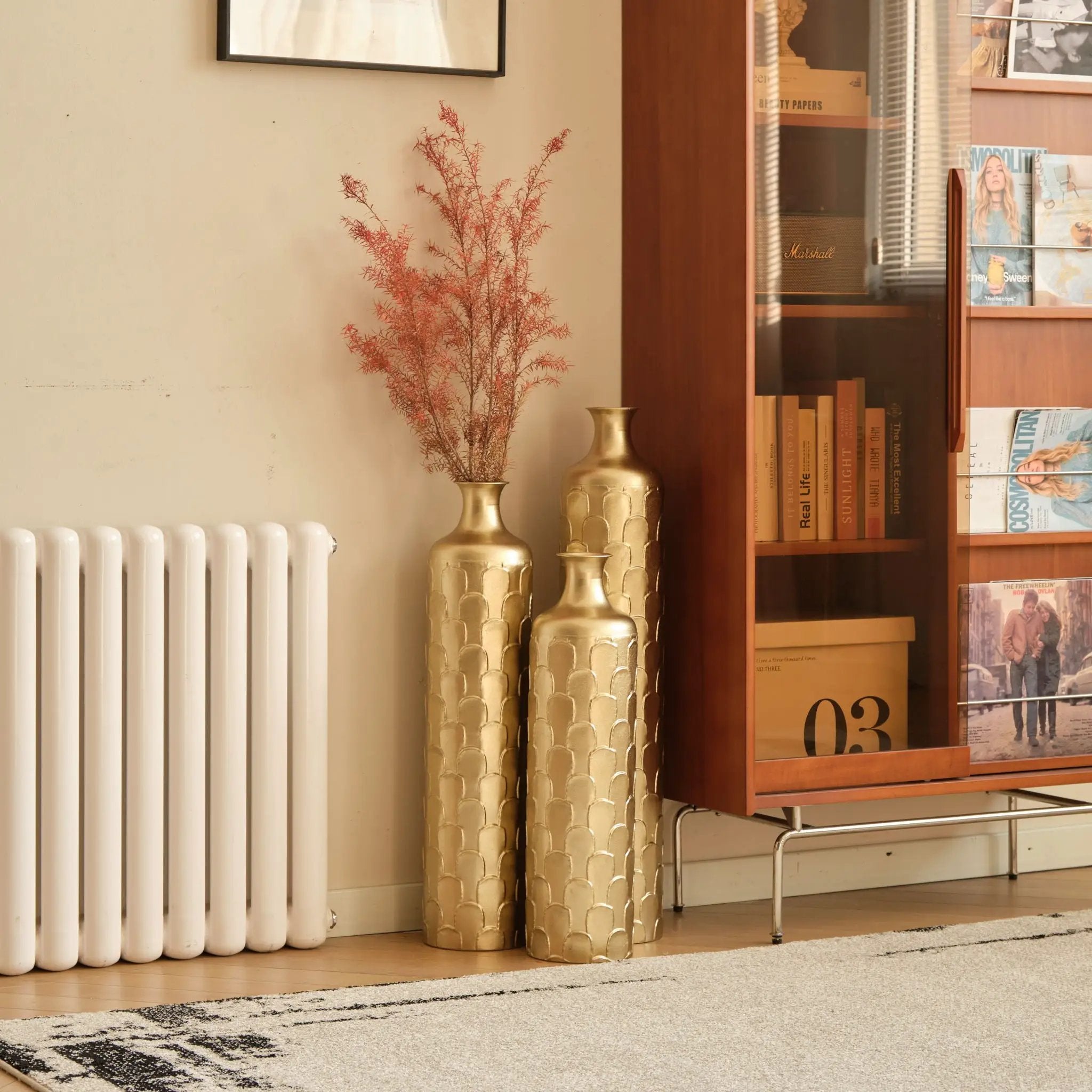 Floor Metal Vases Decorated White Metal Vases (Set of 3) Gorgeous Home Decoration Large Glazed Metal Vases - Golden by HouseOfZazla