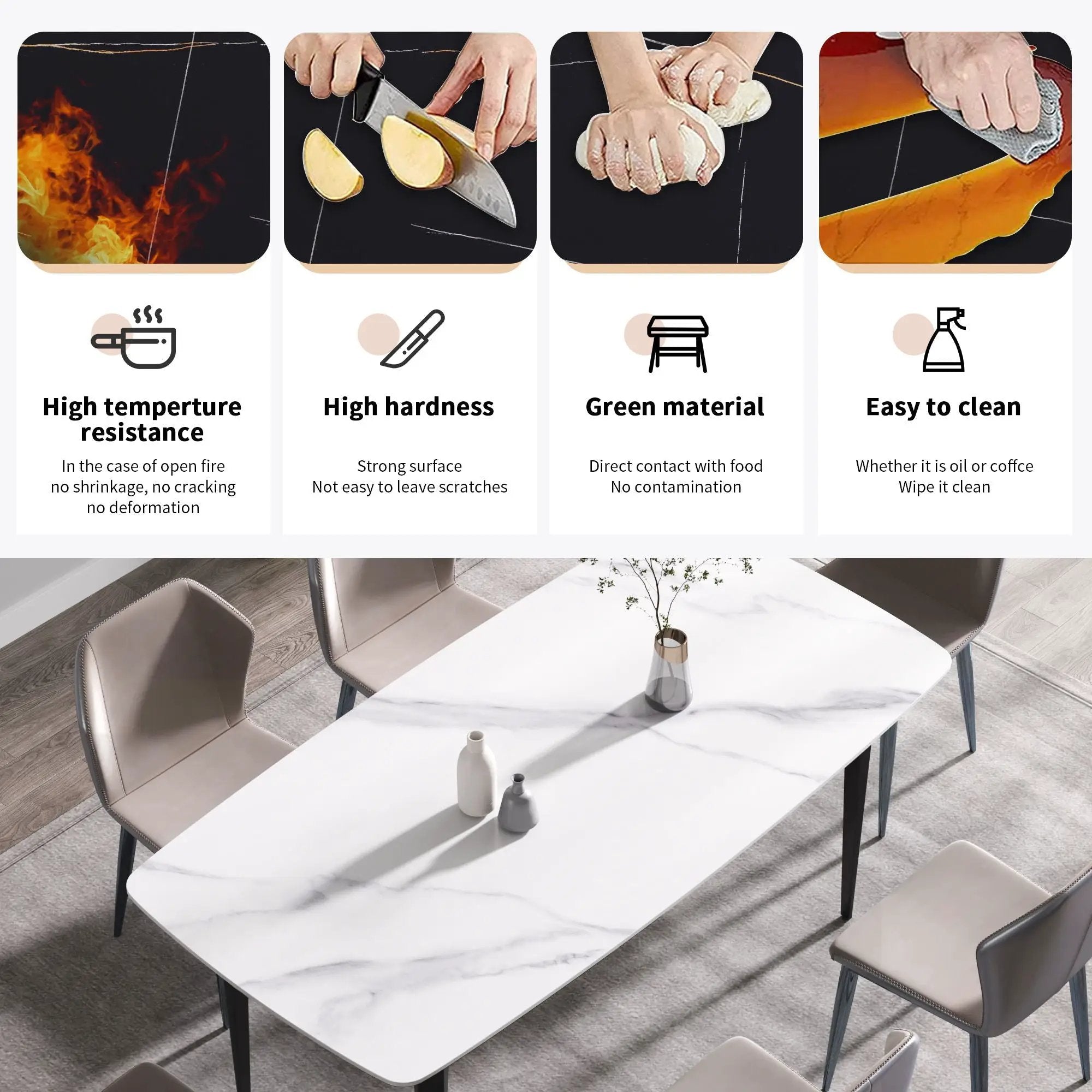 70.87" Modern Artificial Stone Curved Black Metal Leg Dining Table, Can Accommodate 6-8 People - White / Black by HouseOfZazla