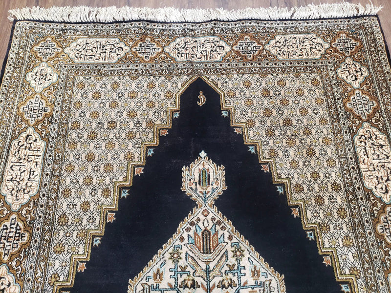 Persian Silk Qum Rug, Silk on Silk, Black Golden Brown and Beige, Hand-Knotted, 3'6" x 5' 5" by Jewel Rugs