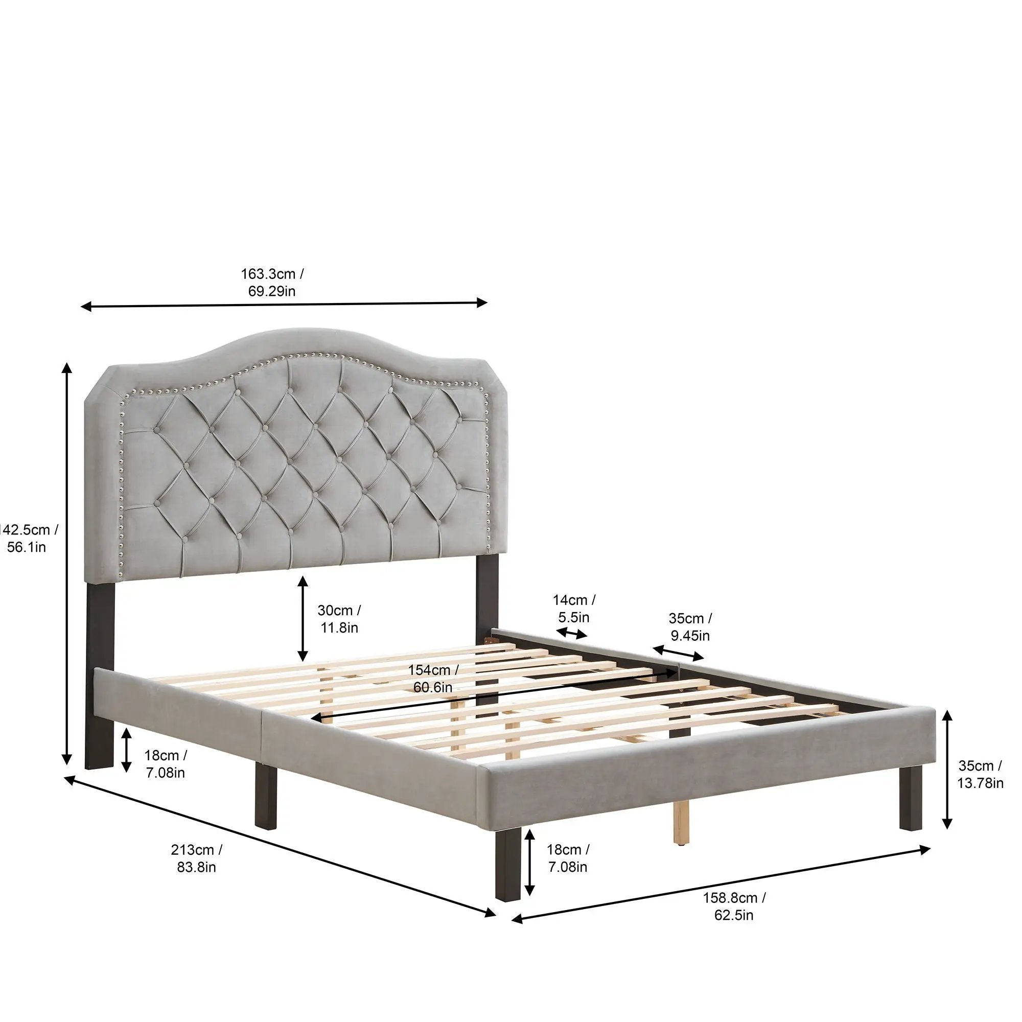 Queen Platform Upholstered Bed Button Tufted With Curve Design, Strong Wood Slat Support - Gray by Unique Piece Furniture