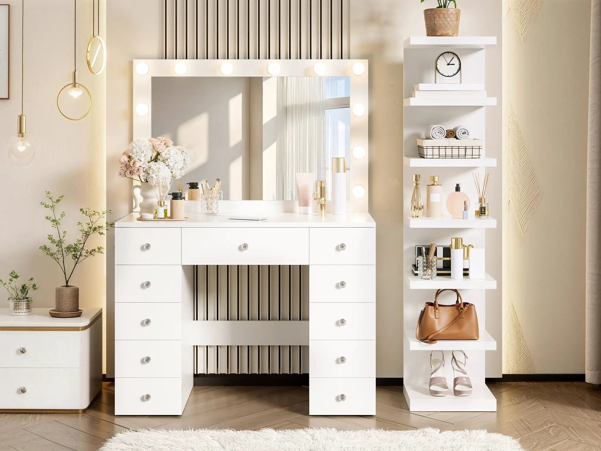 Vanity Desk with 11 Hollywood Bulbs & 7-Tier Storage Shelves by HouseOfZazla
