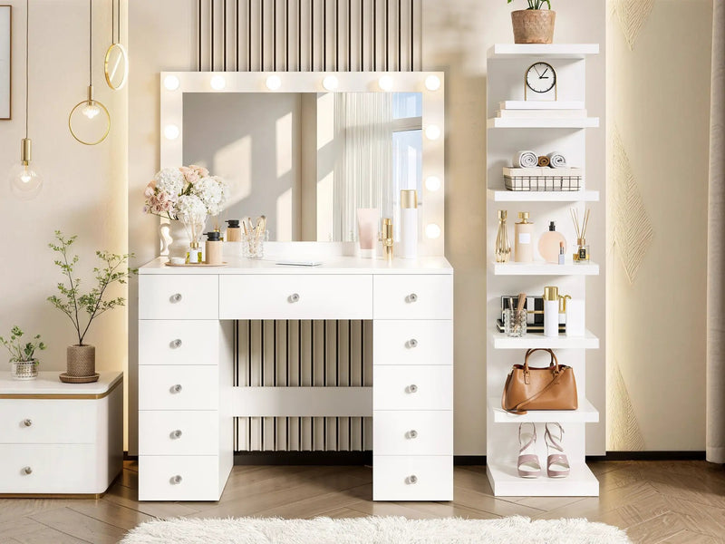 Vanity Desk with 11 Hollywood Bulbs & 7-Tier Storage Shelves by HouseOfZazla
