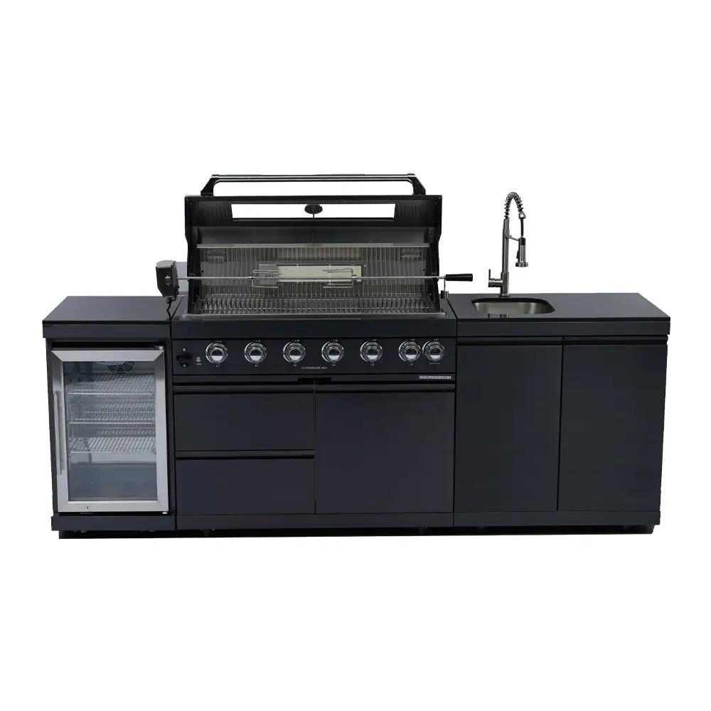 NG 95" 6-Burner 85000 BTU Black Outdoor Kitchen Island Grill Rotisserie kit Granite Countertops by Chery Industrial