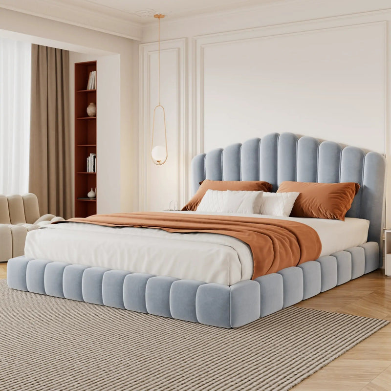 Velvet Upholstered Queen Bed with Shell-Shaped Headboard by HouseOfZazla