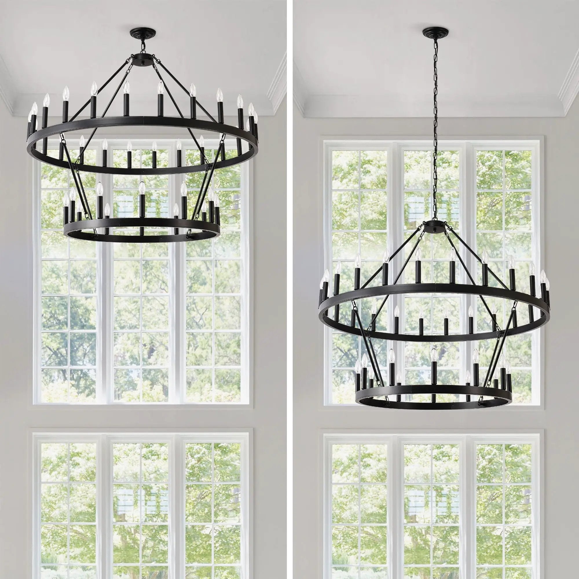 2 Tiers Wagon Wheel Chandelier Wooden Farmhouse 36 Light (24 / 12) Or (12 / 24) Metal Chandeliers 2 Story Light Fixtures Industrial For High Ceiling Living Dining Room Foyer, Adjustable Height - Black by HouseOfZazla