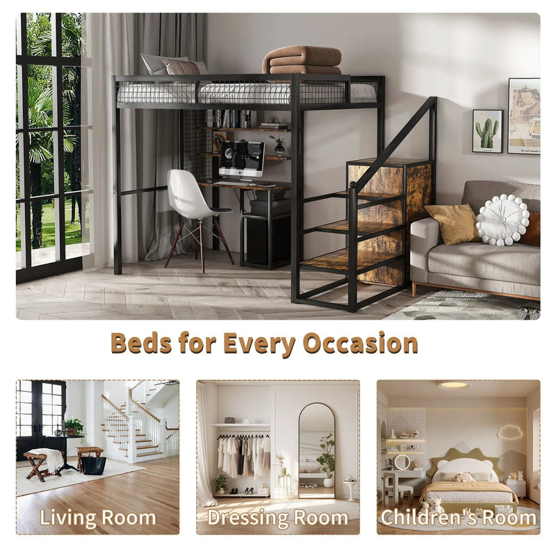 Full Size Loft Bed With Desk & Wardrobe Heavy Frame, Built In Staircase, Storage Rack & Shelves Gaming Bed - Black by HouseOfZazla