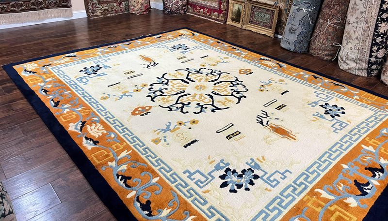 Indo Chinese Rug 9x12, Asian Oriental Carpet 9 x 12, Cream & Burnt Orange, Handmade Wool Vintage Art Deco Rug by Jewel Rugs