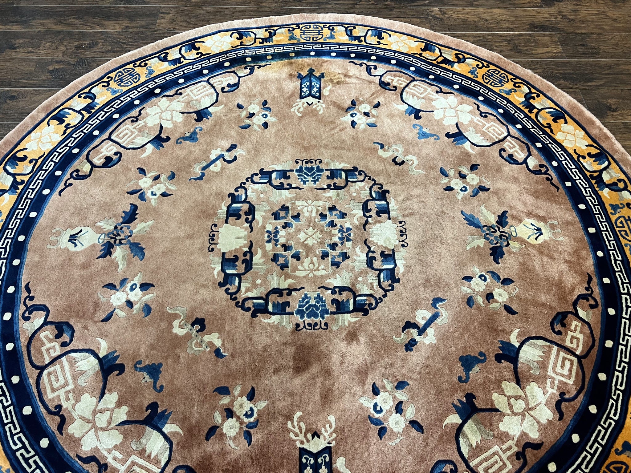 Antique Round Chinese Wool Rug 8x8, Chinese Peking Carpet, Asian Oriental Carpet 8 x 8 ft, Chinese Art Deco Rug, Nichols Rug by Jewel Rugs