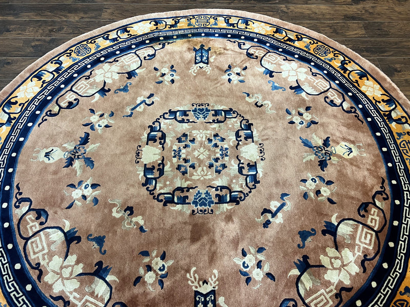 Antique Round Chinese Wool Rug 8x8, Chinese Peking Carpet, Asian Oriental Carpet 8 x 8 ft, Chinese Art Deco Rug, Nichols Rug by Jewel Rugs