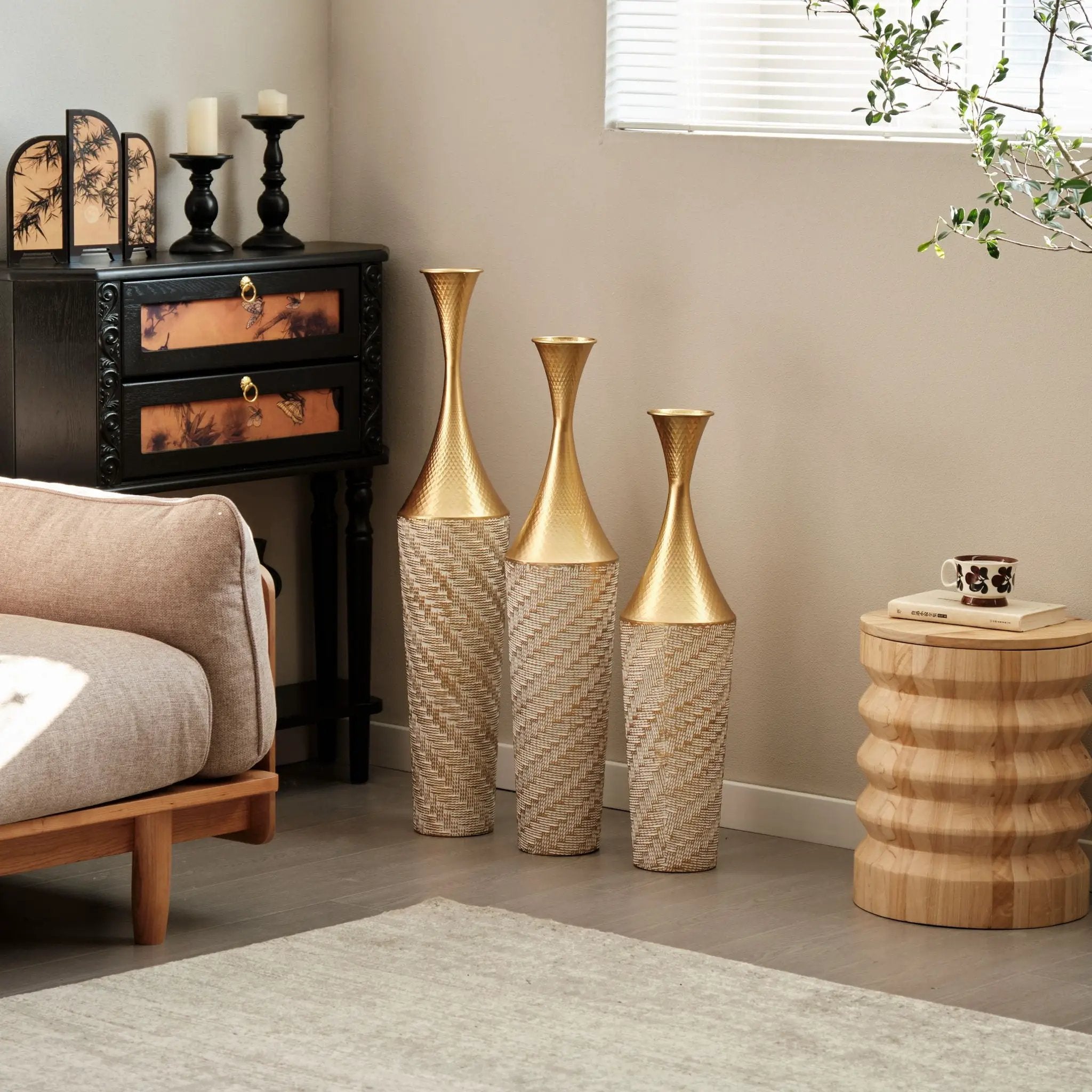 Floor Metal Vase Modern Style Decoration Home Woven Pattern Metal Vase 3 Piece Set Gorgeous Home Decoration Large Glazed Metal Vase - Champagne by HouseOfZazla