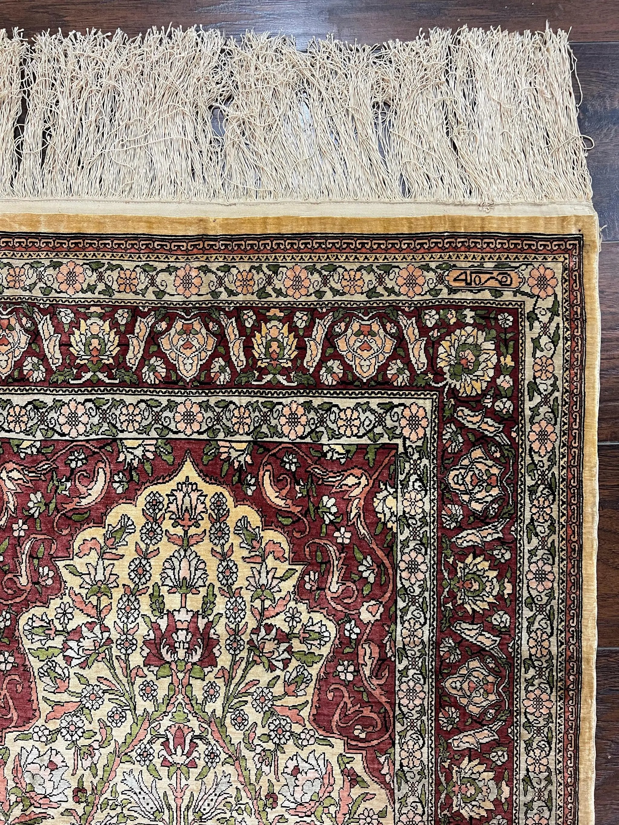 Wonderful Silk Turkish Hereke Prayer Rug 2.8 x 4.5, Tree of Life Design, Signature from Master Weaver, Gold and Burgundy, Handmade, 625 KPSI by Jewel Rugs