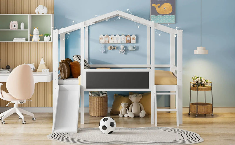 Loft House Bed With Ladder And Slide, With board And Light Strip On The Roof by HouseOfZazla