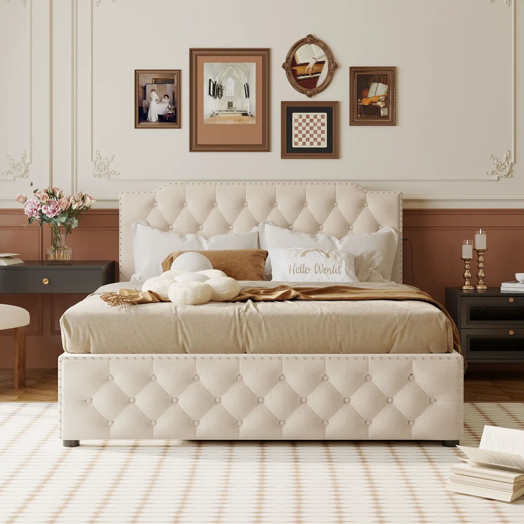Upholstered Platform Bed With Trundle And 2 Sets Of USB Ports On Each Side, Fabric by Unique Piece Furniture