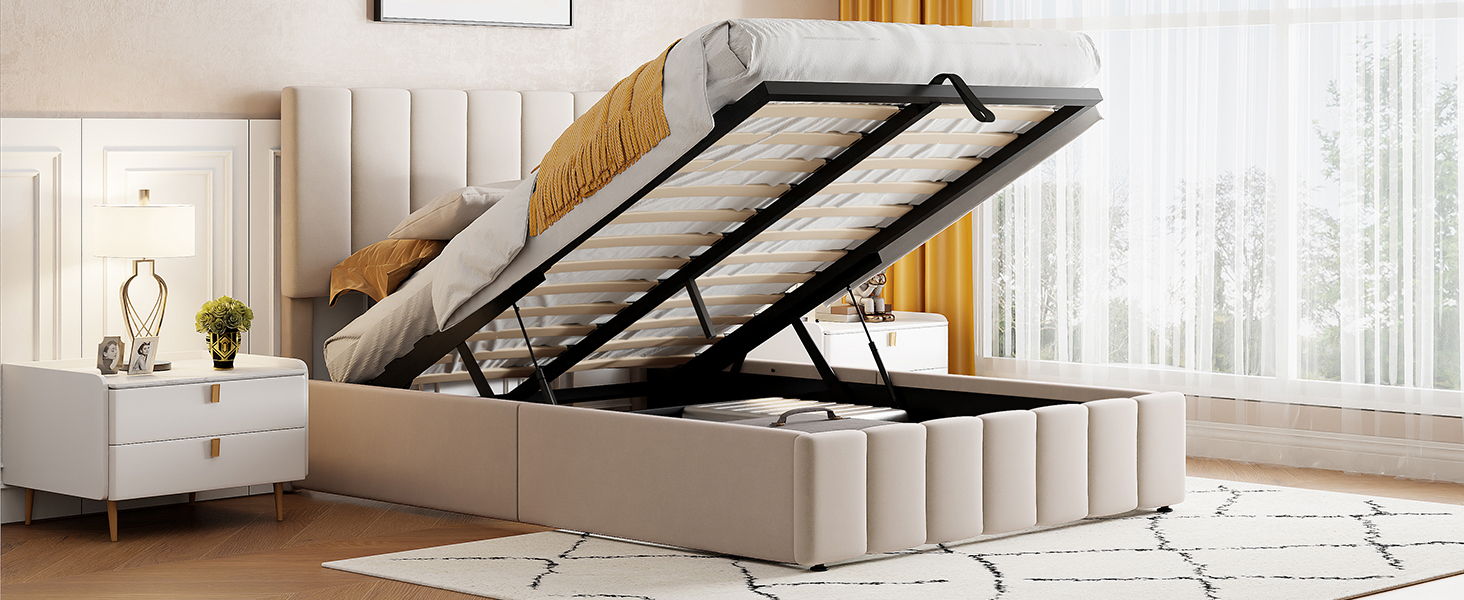 Elegant Upholstered Platform Bed With Hydraulic Storage System