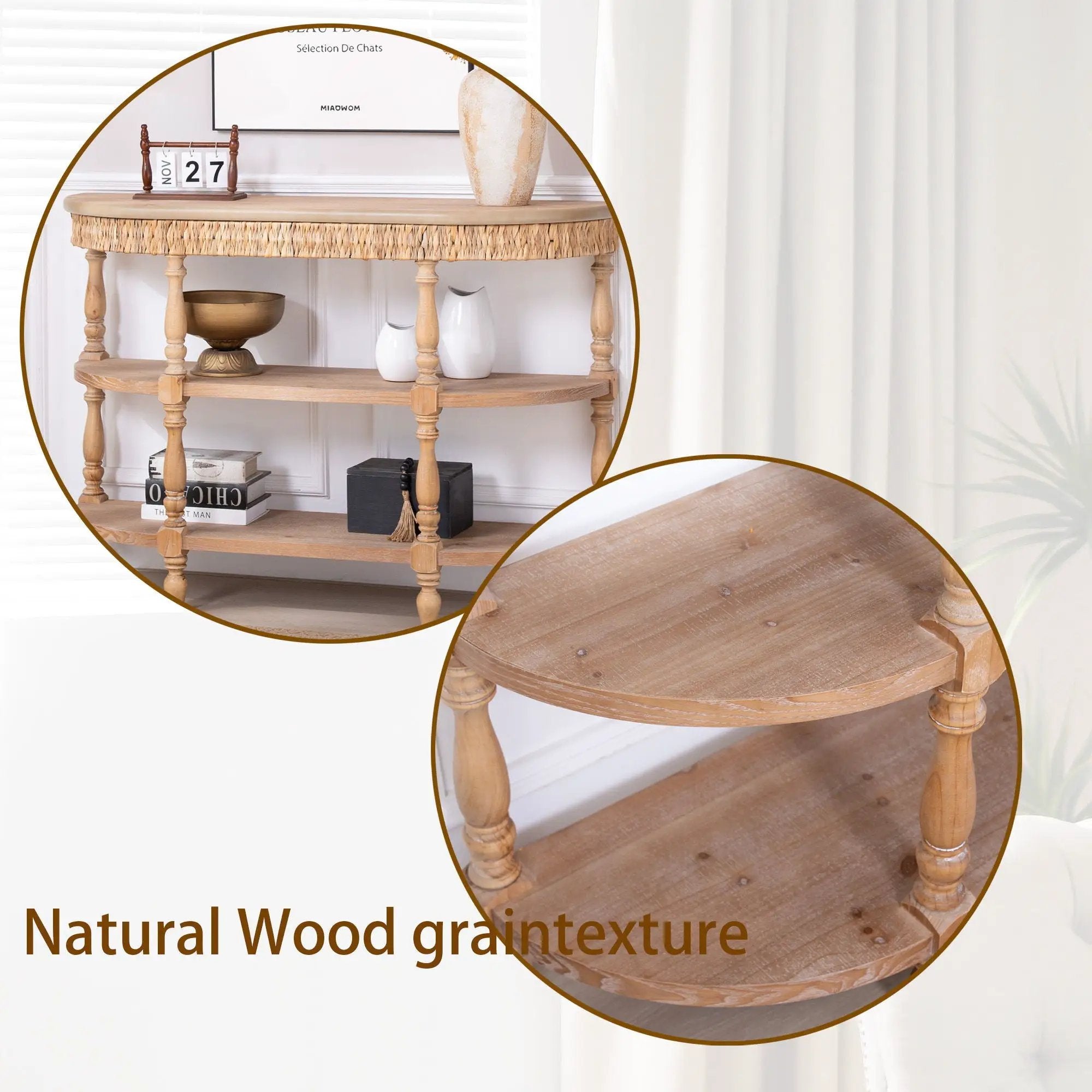 Handcrafted Console Table With Hand Woven Trim, 3 Tier Storage Shelves - Natural by Unique Piece Furniture