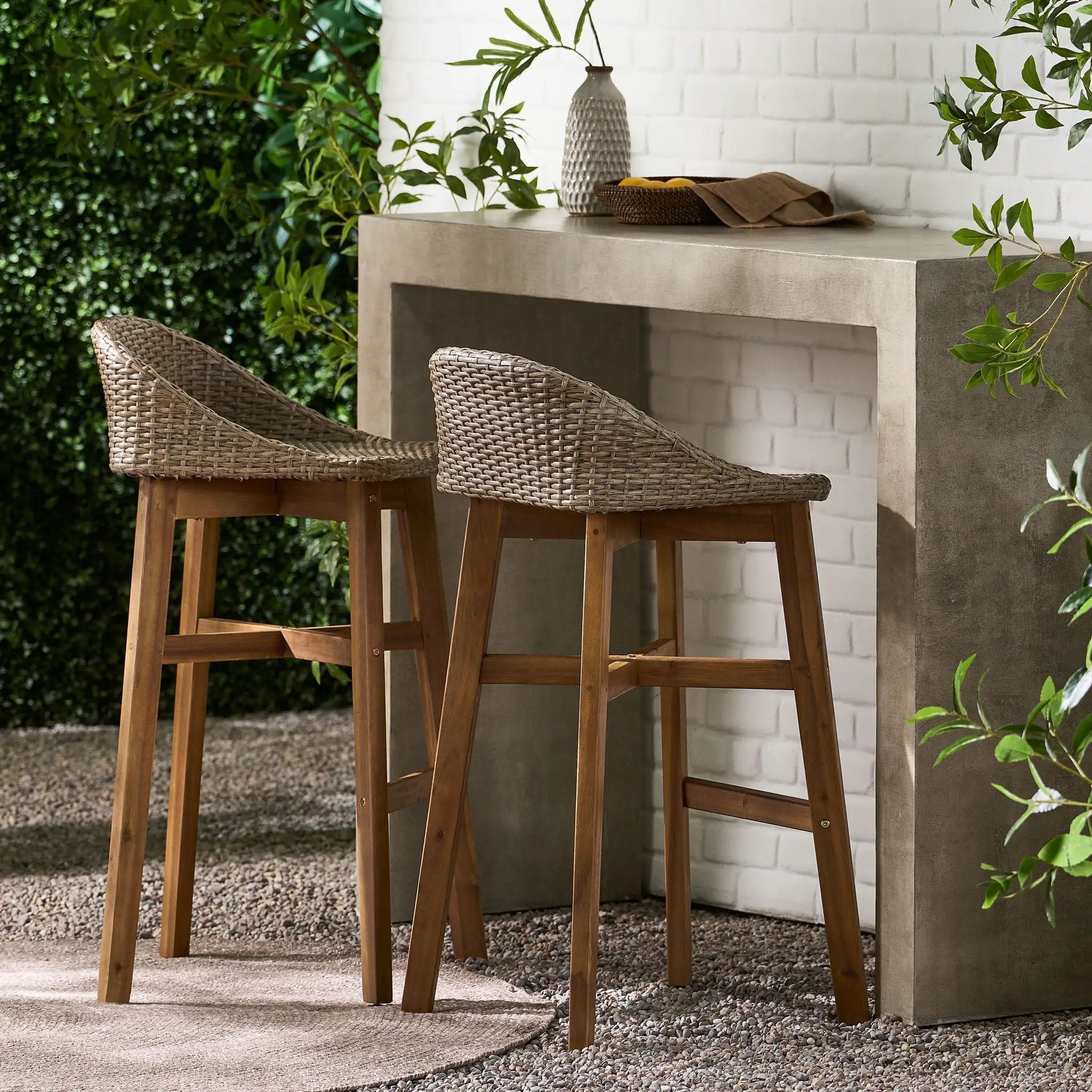 Beeson Outdoor Wicker and Acacia Wood Barstools Set, Water Resistant - Brown by HouseOfZazla
