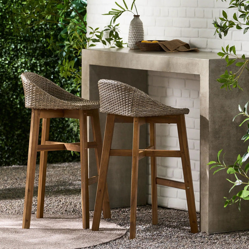 Beeson Outdoor Wicker and Acacia Wood Barstools Set, Water Resistant - Brown by HouseOfZazla