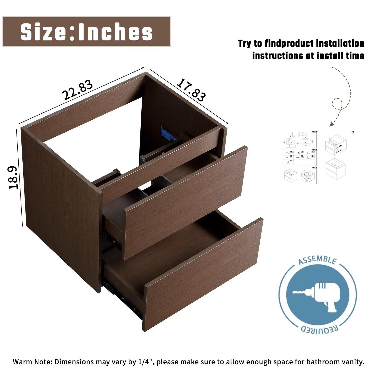 Wall-Mounted Bathroom Vanity, Soft-Close Drawer, Premium Slides - Black Brown by HouseOfZazla