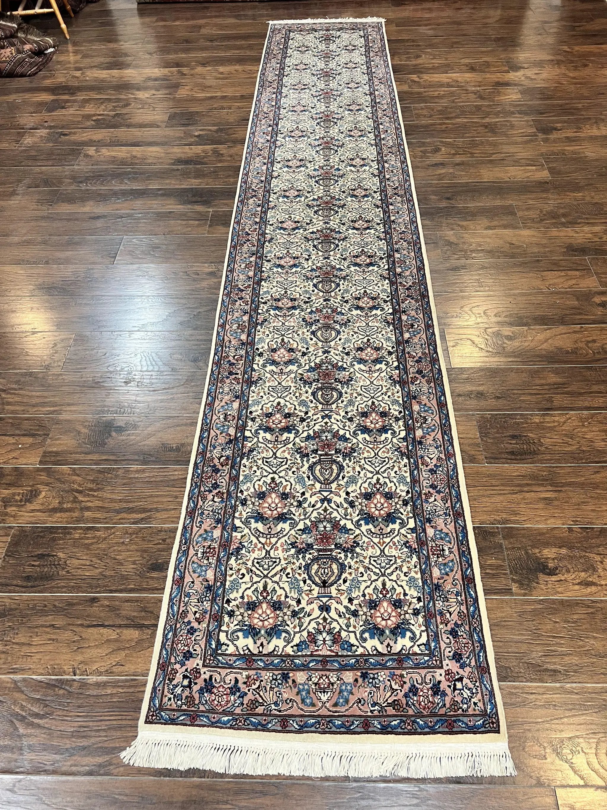 Sino Persian Runner Rug 2.8 x 14, Hand Knotted Vintage Oriental Hallway Rug, 14ft Runner, Cream, Floral, Wool by Jewel Rugs