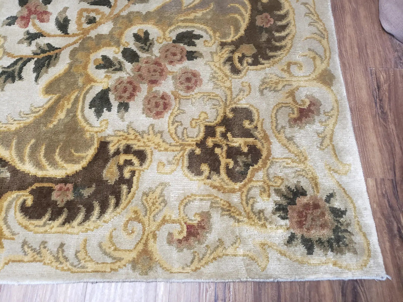 Aubusson Rug 10x14, Elegant French European Design, Vintage Handmade Carpet with Pile, Beige Floral Dining Room Rug, Living Room, Soft Wool by Jewel Rugs