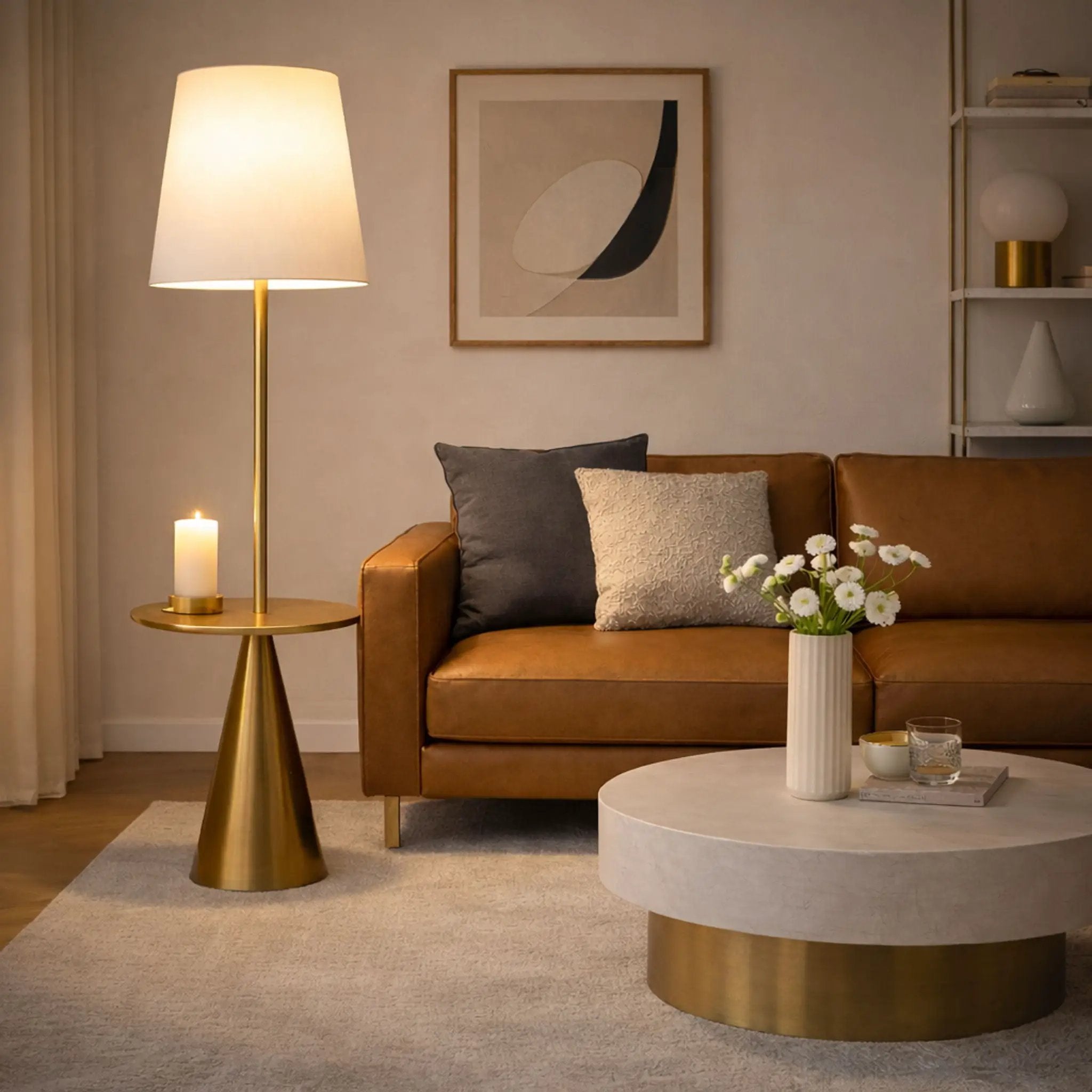 Celestial - Modern Floor Lamp With Accent Table With Large Shade - Gold / White by Unique Piece Furniture