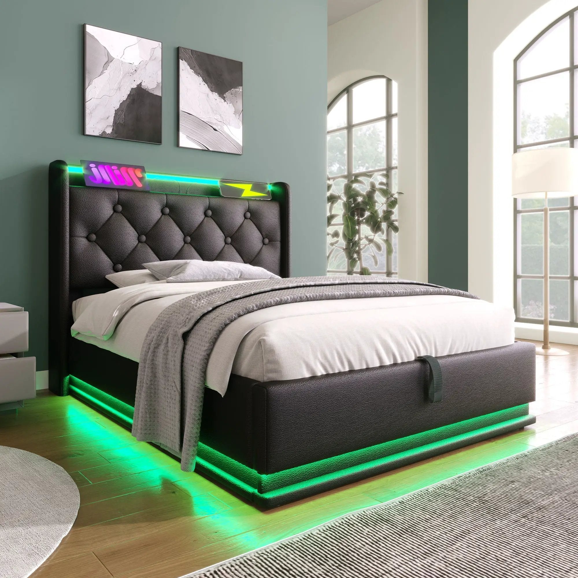 Upholstered Bed, 360 Surround LED Function, Remote Control, Hydraulic Storage Bed With USB, Type-C Charging (Without Mattress) by HouseOfZazla