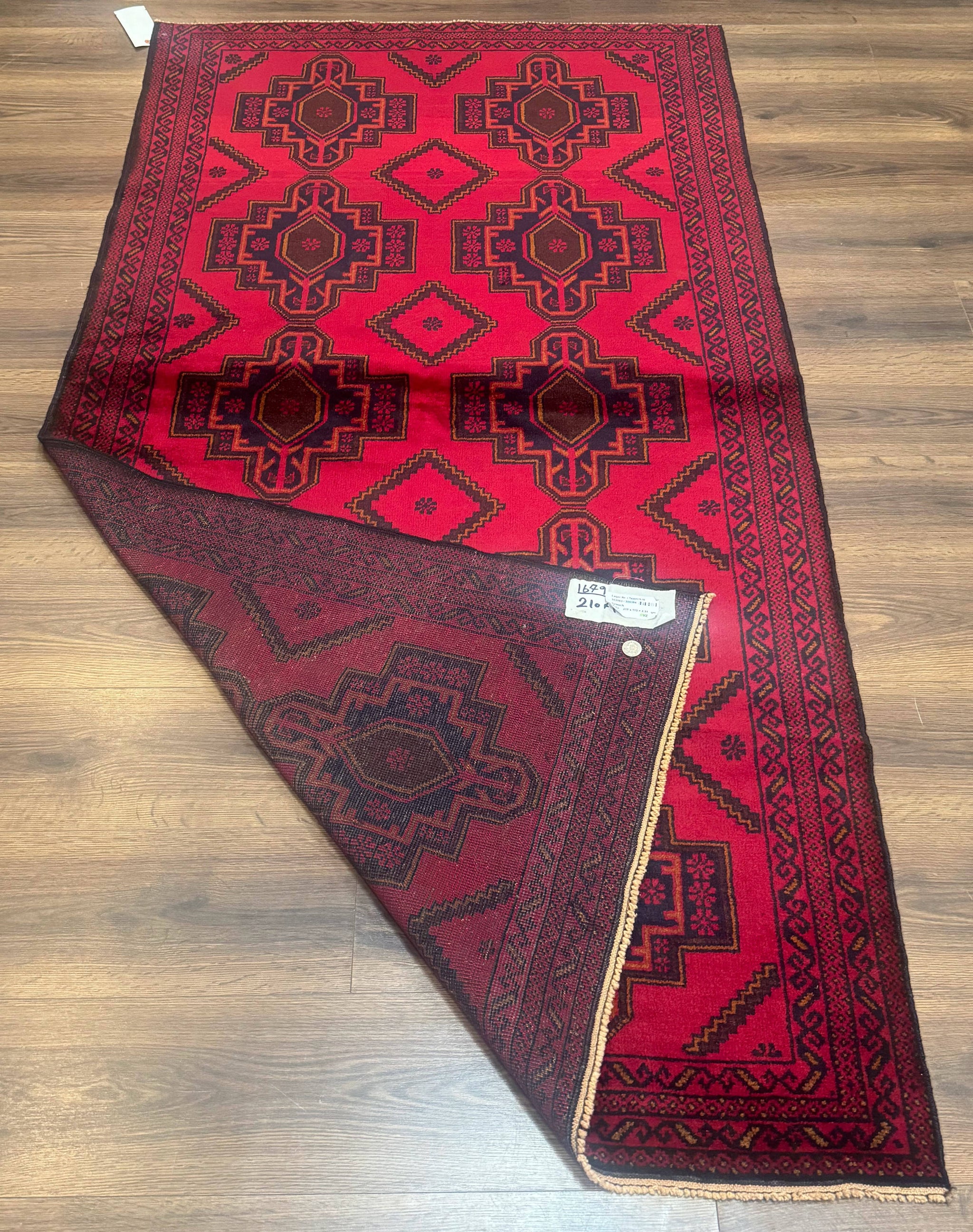 Afghan Rug 4x7, Tribal Carpet, Balouch Rug, Red and Navy Blue, Repeated Medallions, New by Jewel Rugs
