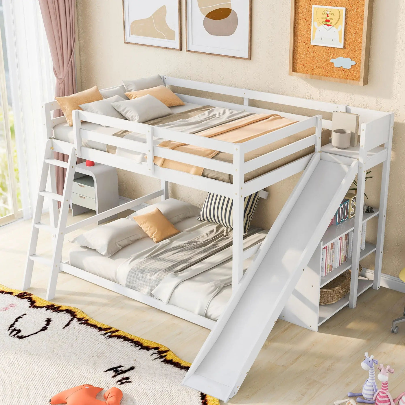 Bunk Bed With Ladder, Slide, And Shelves Pine Wood by HouseOfZazla
