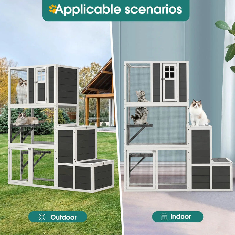 3 Tier Wooden Outdoor & Indoor Cat House Suitable For 1-3 Cats Cat Enclosure Resting Box With 4 Platforms And 2 Doors Cat Shelter Kitty House With A Jump Box For Hiding And Resting Cat Cage - Gray by HouseOfZazla