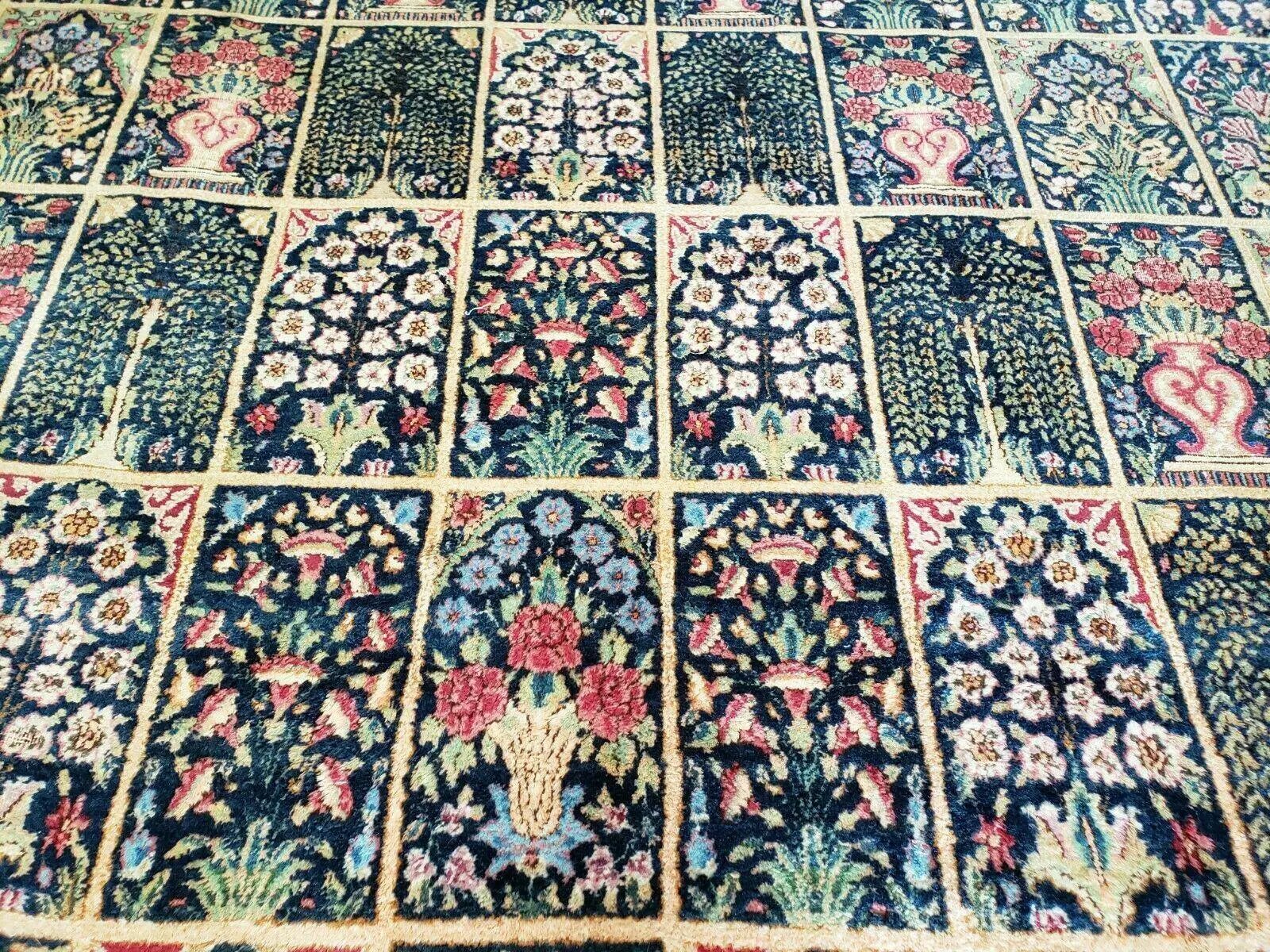 Persian Rug 10x15, Authentic Oriental Carpet 10 x 15, Wool Area Rug Panel Design Hand-Knotted Vintage Kirman Yazd Rug, Dark Blue and Beige, Floral by Jewel Rugs
