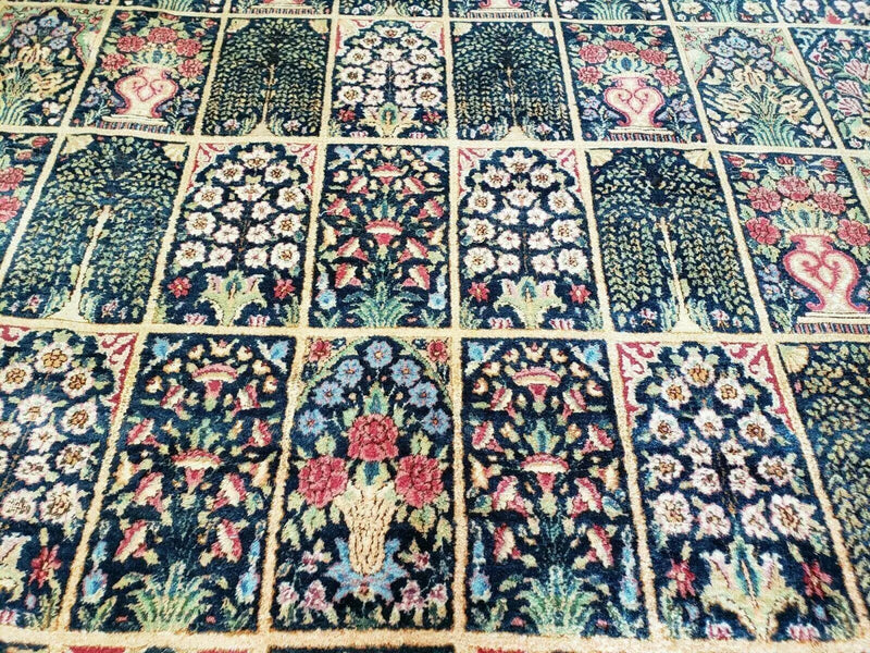 Persian Rug 10x15, Authentic Oriental Carpet 10 x 15, Wool Area Rug Panel Design Hand-Knotted Vintage Kirman Yazd Rug, Dark Blue and Beige, Floral by Jewel Rugs