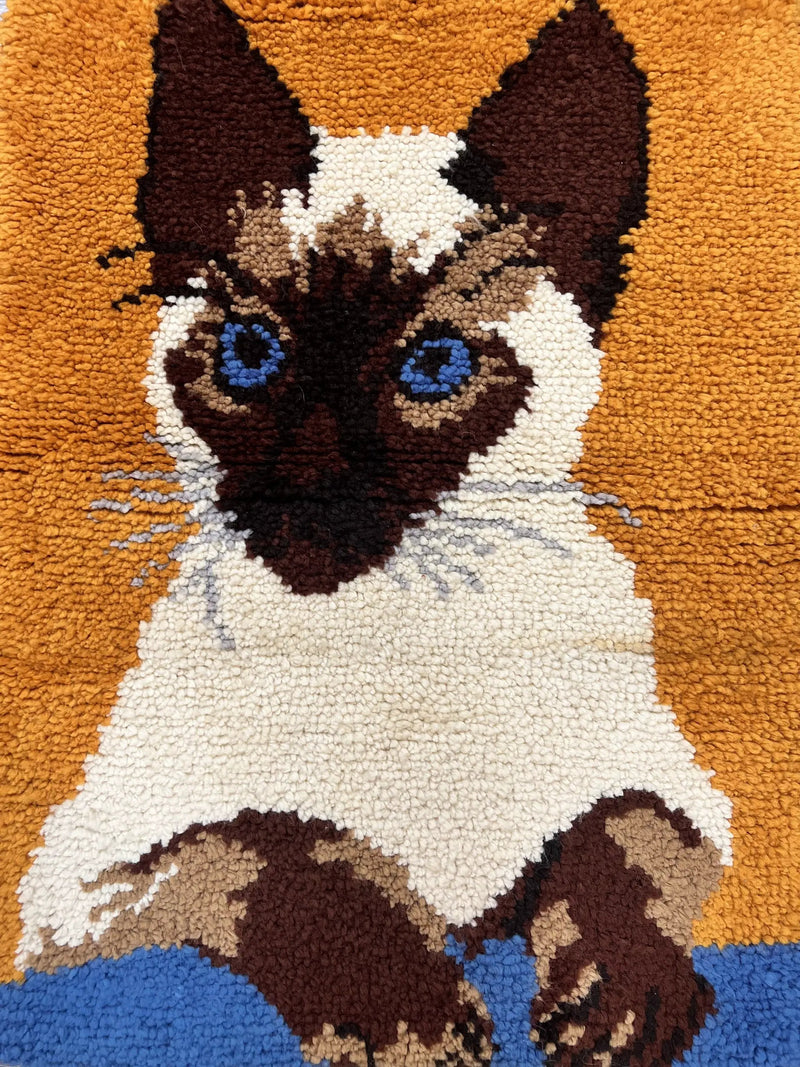 Small Shag Rug with Siamese Cat Pictorial, 2x3 ft Rug, Wool, Vintage, Danish Rya Shag Rug, Orange by Jewel Rugs
