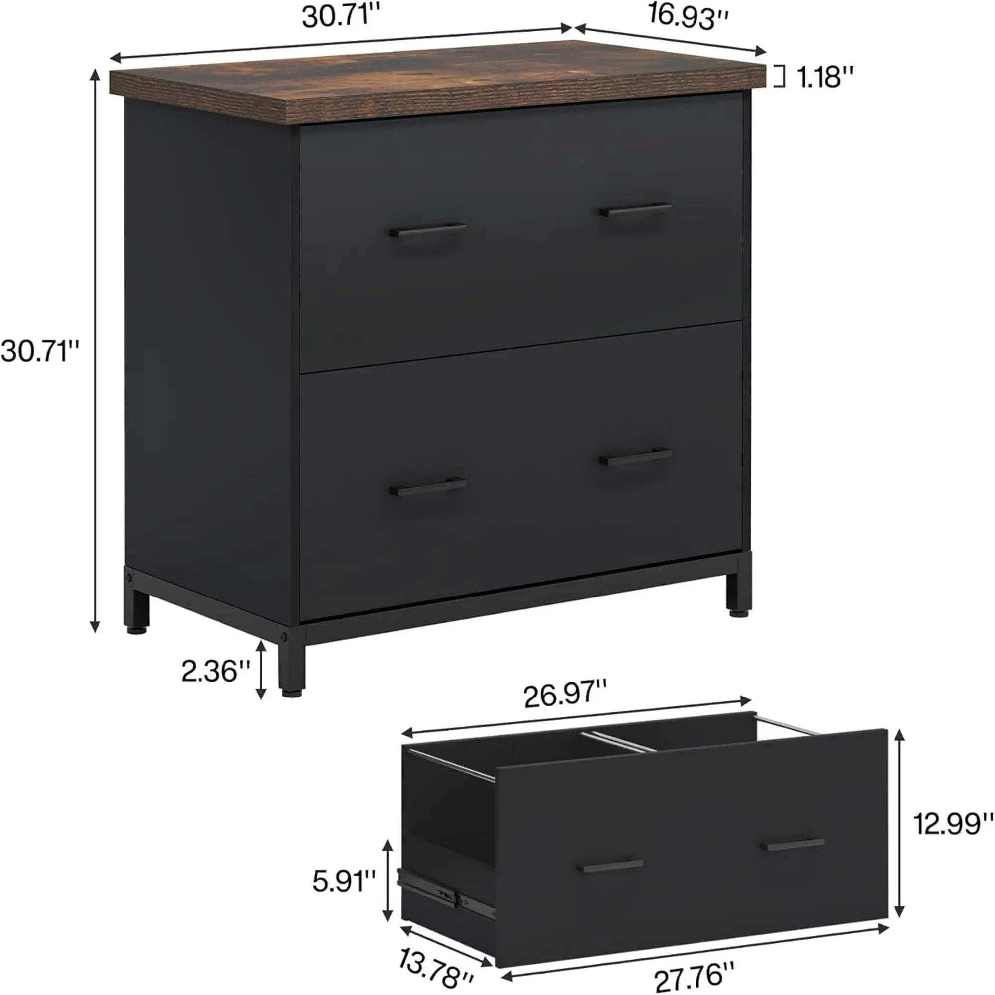2 Drawer Lateral File Cabinet, A4 / Letter Size, Heavy Duty Storage For Home Office - Brown / Black by HouseOfZazla