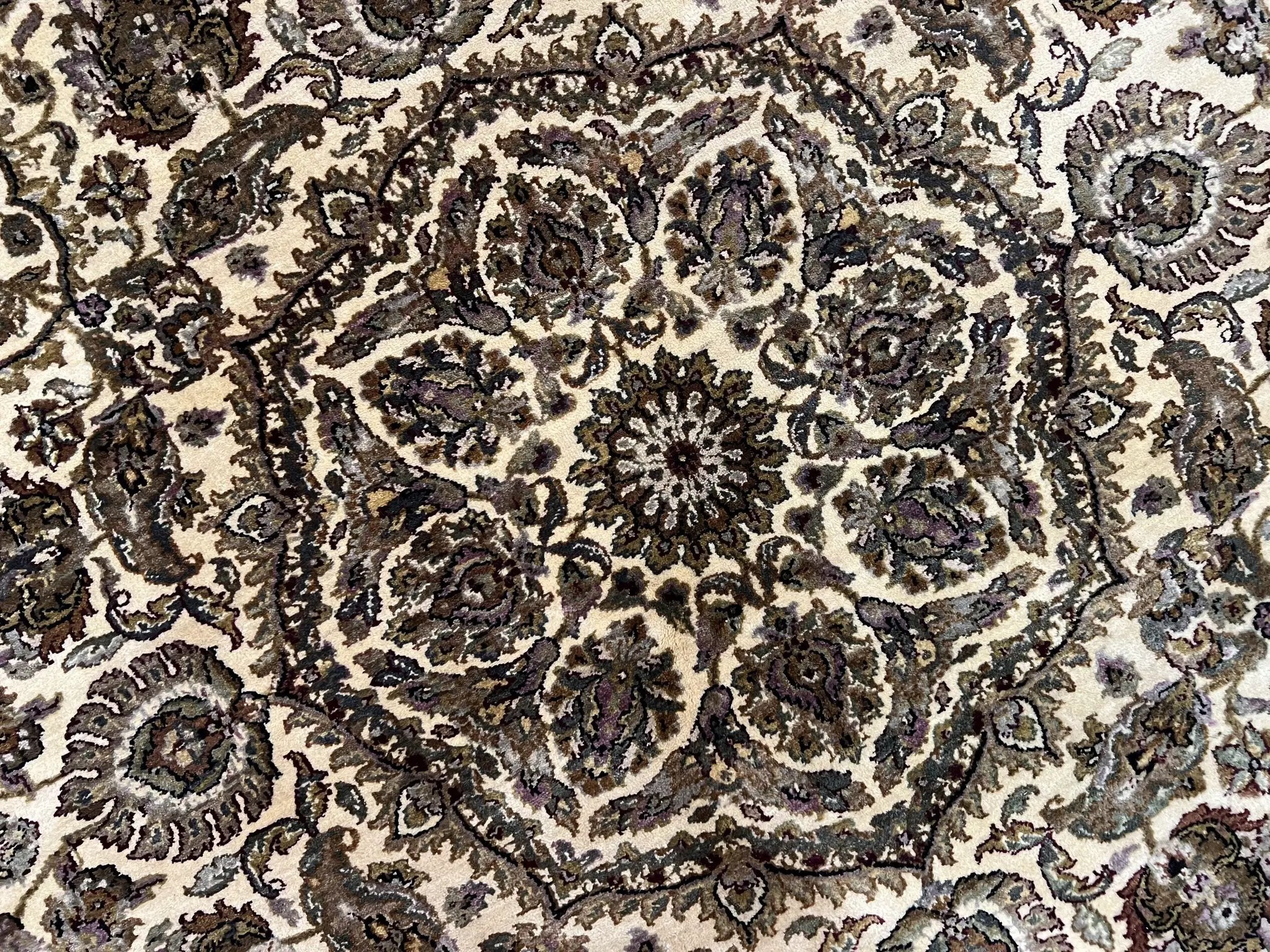 Round Indo Persian Rug 8x8 ft, Large Hand Knotted Vintage Wool Circular Carpet, 8ft Round Oriental Rug, Floral Medallion, Cream and Green by Jewel Rugs
